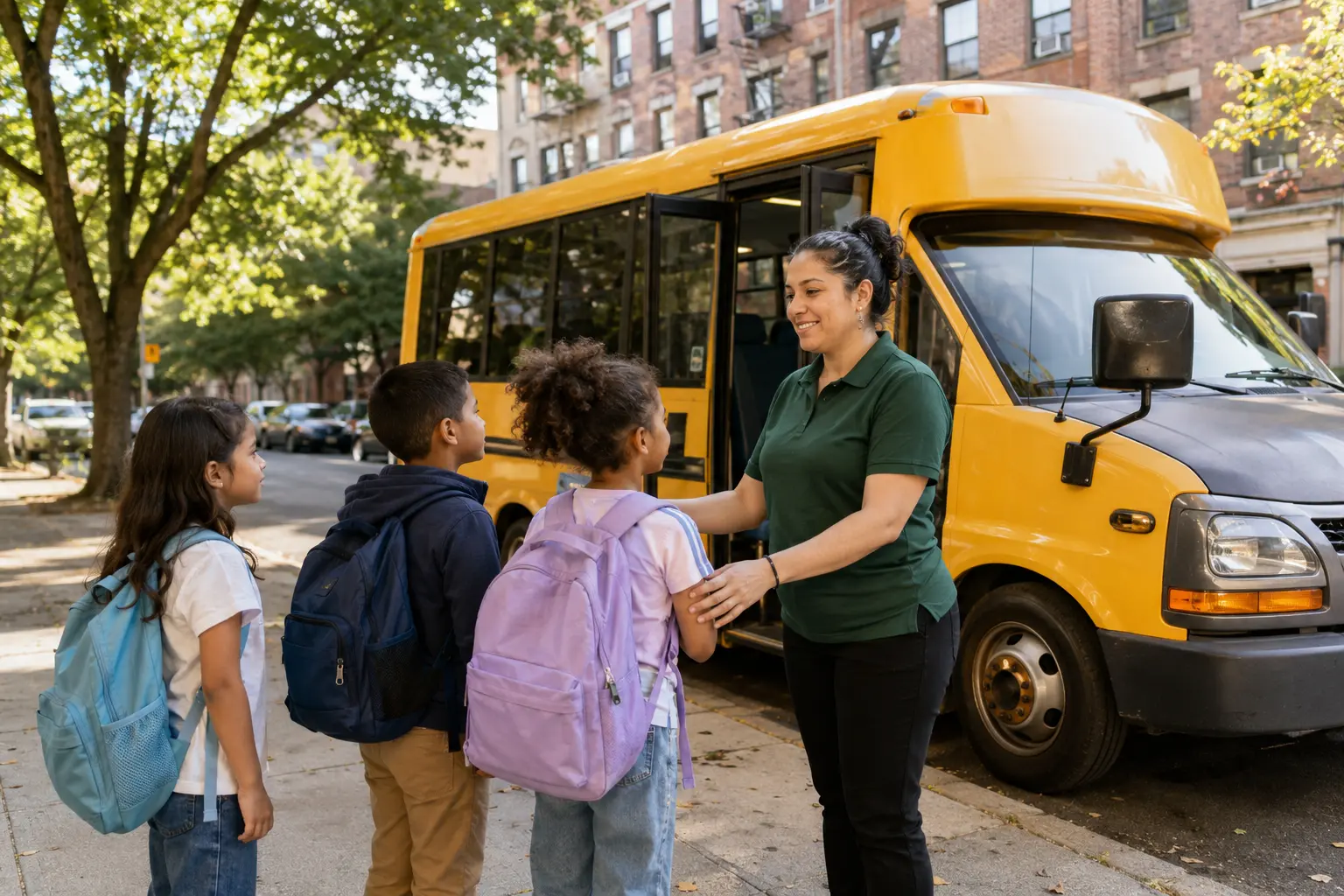 Safe school pickup beside a yellow bus